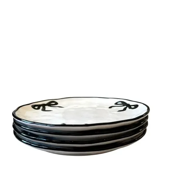 Hand Painted Coquette Black Bow Dinner Plates 10.25in White Ceramic Set of 4 NEW